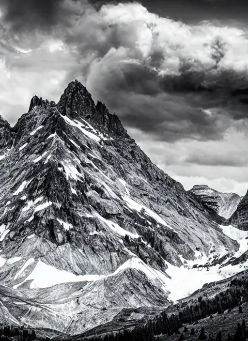 Image similar to old lost footage in black and white of a beautiful mountain,hyper realistic 8K HD real life photo