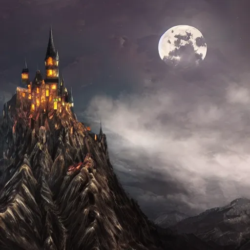 Prompt: Draculas Castle, Moon, Clouds, bats, Mountainside, Night, Artstation, Award Winning masterpiece, very detailed