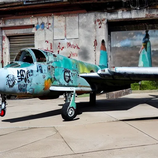 Image similar to Fairchild A-10 Thunderbolt covered in street art, in bone yard