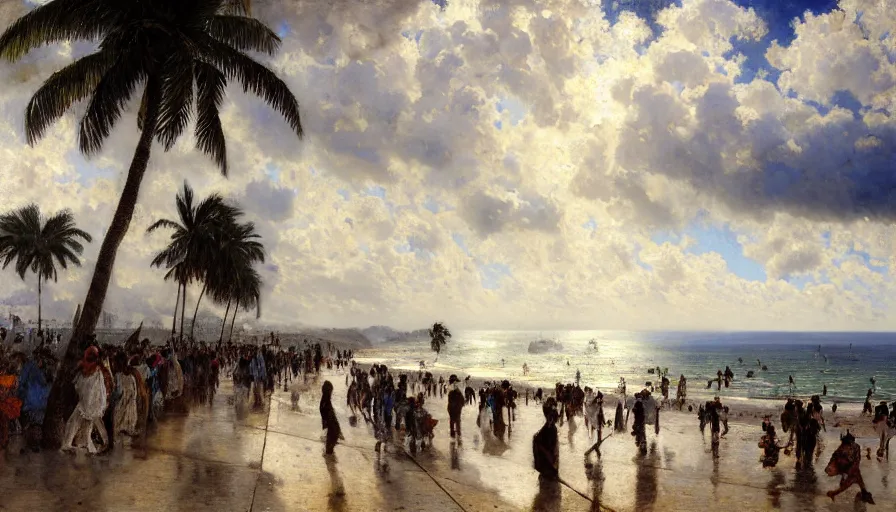 Prompt: a ultradetailed beautiful painting of the thundertorm sky of rio de janeiro balustrade designed by jules bastien - lepage, derek zabrocki, greg rutkowski, belsinski, beach, trending on artstation, mediterranean, palm trees, sharp focus, colorful refracted sparkles and lines, soft light, 8 k 4 k