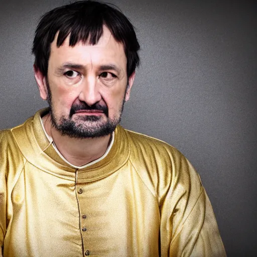 Image similar to richard iv the roman king, real human wearing golden cashmere pyjama, soft studio lighting, sigma lens photo,