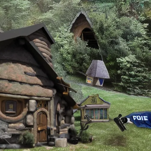 Image similar to swat raid on hobbit house, police cam still, photorealistic