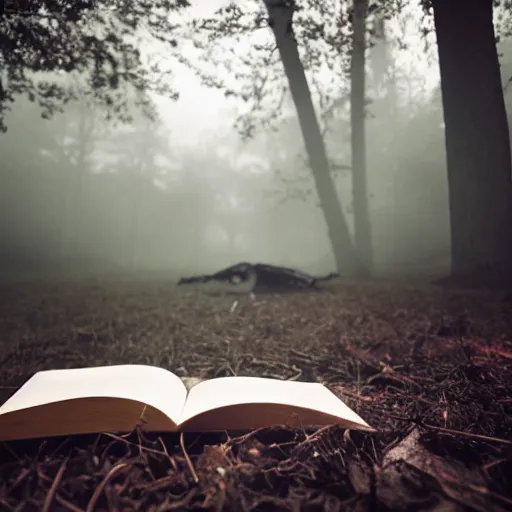 Prompt: studio photography of a book next to a campfire, nightime, spooky woods, fog, scary, horror, frightening