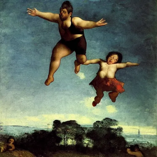 Image similar to obese father jumping on a trampoline with his children, painting by courbet