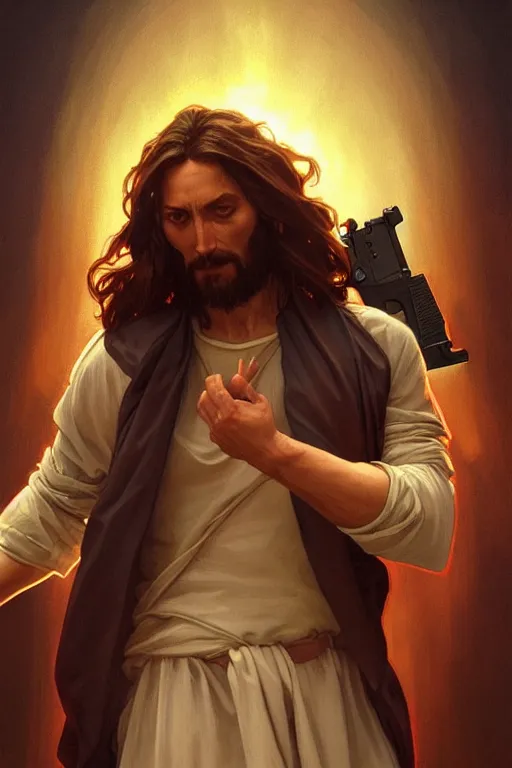 Image similar to jesus christ wielding guns, in an action pose, realistic portrait, symmetrical, highly detailed, digital painting, artstation, concept art, smooth, sharp focus, illustration, cinematic lighting, art by artgerm and greg rutkowski and alphonse mucha