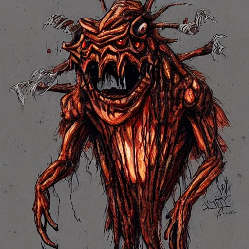 Image similar to horrifying concept art of a scary monster built out of cicadas, blood and wood pulp,