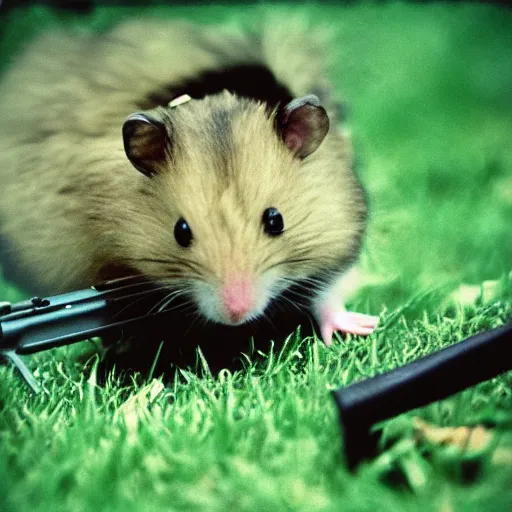 Image similar to “ hamster in the vietnam war firing an m 1 6, action shot, highly detailed, film photograph ”