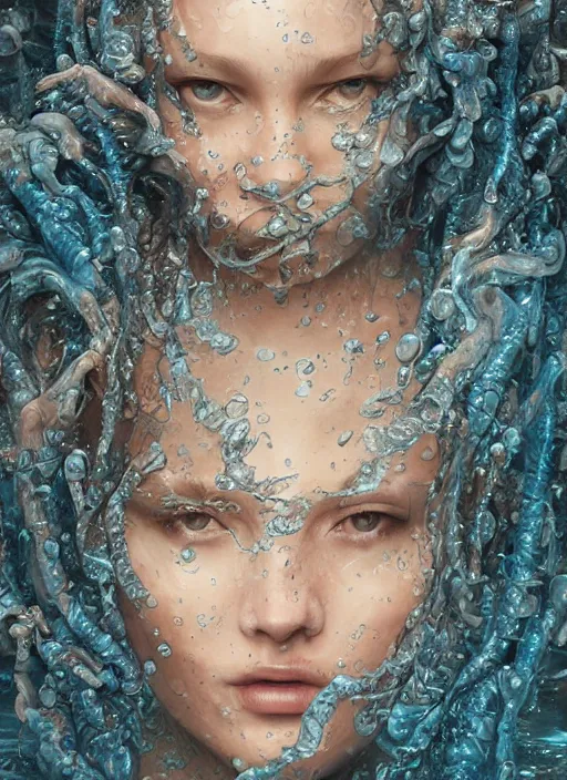 Prompt: sculpture made of water, portrait, female, future, shaman, harper's bazaar, vogue, magazine, insanely detailed and intricate, concept art, blue, wet, ornate, luxury, elite, elegant, trending on artstation, by ruan jia, by Kenneth Willardt, by ross tran, by WLOP, by Andrei Riabovitchev,
