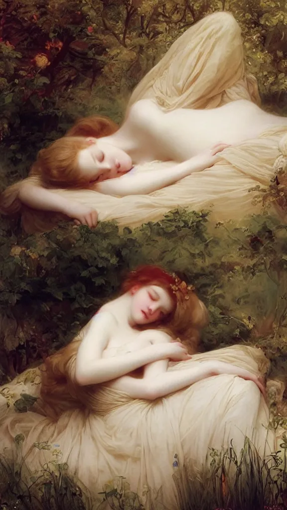 Prompt: blonde beautiful pale skin sleeping princess by franz xaver winterhalter and delphin enjolras and rebecca guay