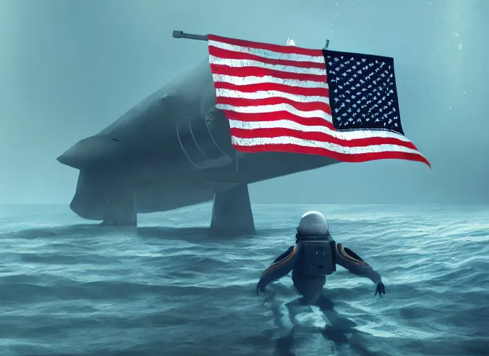 Image similar to astronaut holding a flag in an underwater desert. a submarine is visible in the distance. dark, concept art, cinematic, dramatic, atmospheric, 8 k, trending on artstation, blue, fish, low visibility, fog, ocean floor, christopher nolan, interstellar