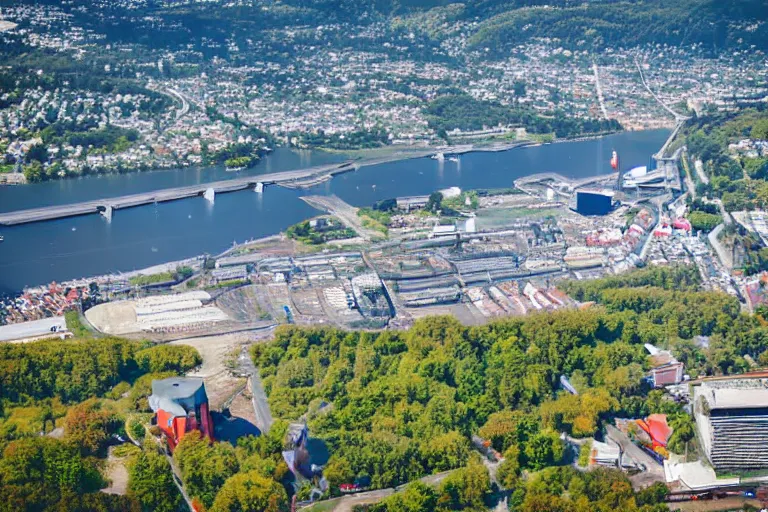 Image similar to bird's eye view photography of a small city. town hall, central farm, monorail station, beach and shipping dock. hills, woods and lake to the north.