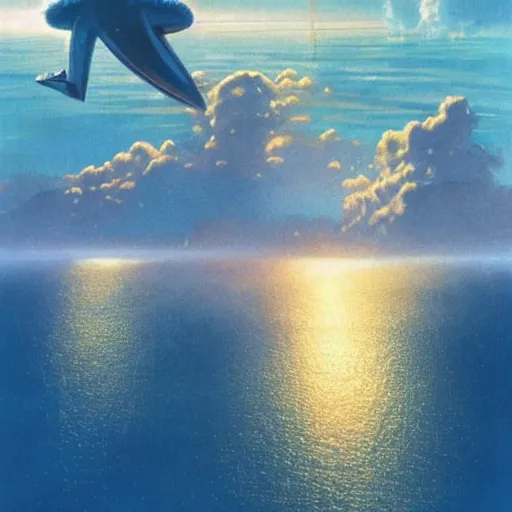 Image similar to beautiful matte painting of golden shores of a blue dreamy ocean, heavenly island in the clouds floating above the ocean, spaceship flying by, towering mountains emerging from the ocean, sci - fi, daylight, blue sky, cinematic lighting, cinematic perspective, syd mead, john harris, federico pelat