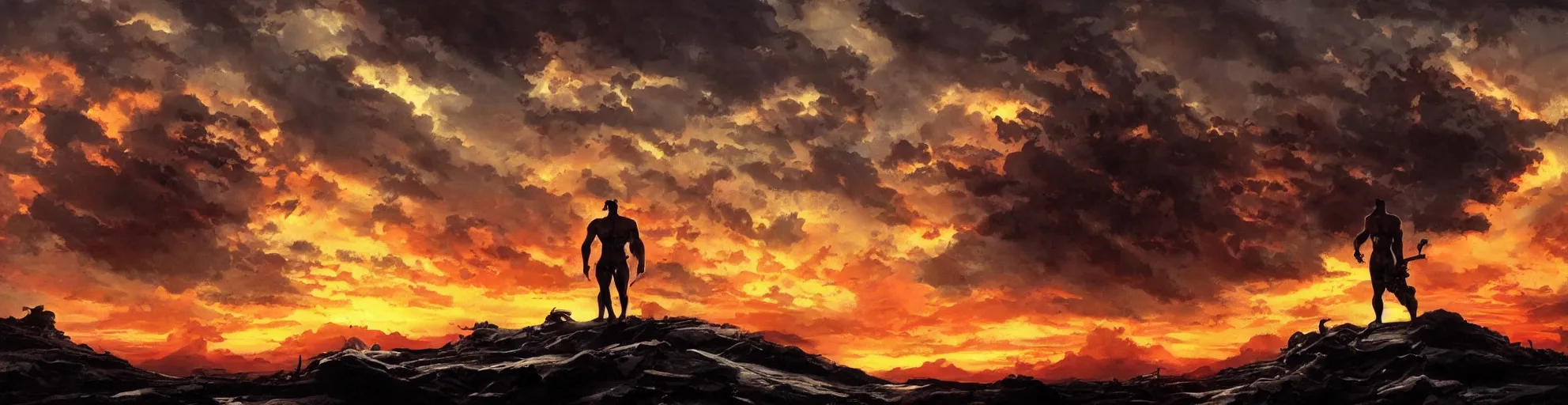 Image similar to dramatic sunset and dramatic sky , lone muscular creature in the middle looks at the sun , painting by frazetta, low angle perspective, postapocalyptic panorama.asthetics !