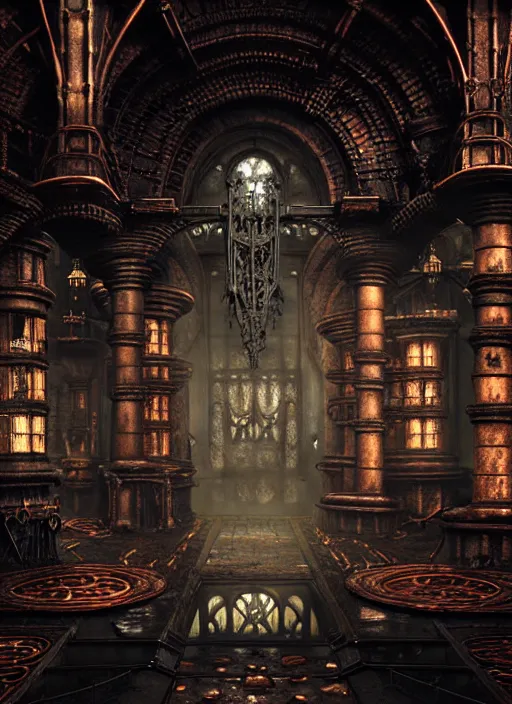 Image similar to steam necropolis, memento mori, gothic, neo - gothic, art nouveau, hyperdetailed copper patina medieval icon, stefan morrell, philippe druillet, ralph mcquarrie, concept art, steampunk, unreal engine, detailed intricate environment, octane render, moody atmospherics, volumetric lighting, ultrasharp, ominous, otherworldly