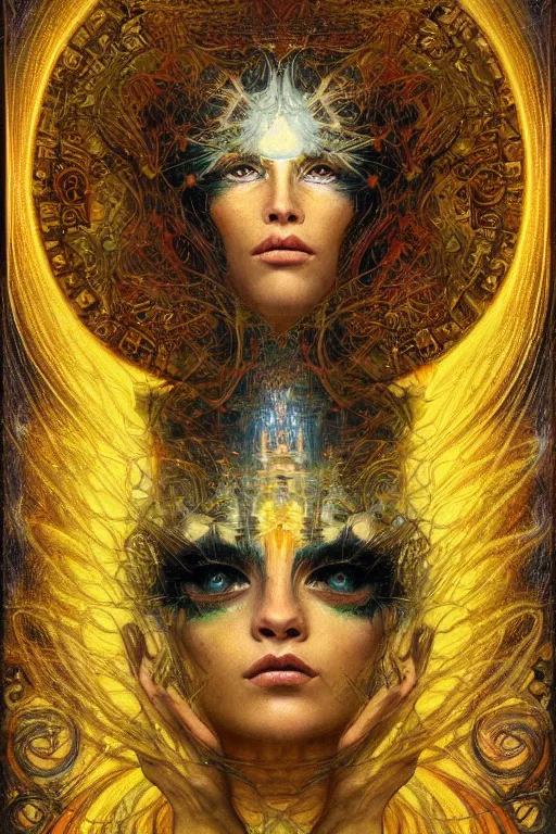 Image similar to Divine Chaos Engine by Karol Bak, Jean Deville, Gustav Klimt, and Vincent Van Gogh, beautiful visionary mystical portrait, sacred, otherworldly, fractal structures, surreal, dreamscape, ornate gilded medieval icon, third eye, spirals