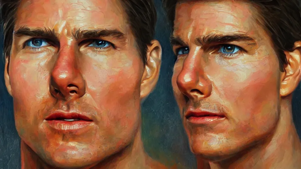 Prompt: The most beautiful portrait of Tom Cruise in the world; trending on artstation; oil on canvas; anatomically correct face; extraordinary masterpiece!!!!!!; 8k