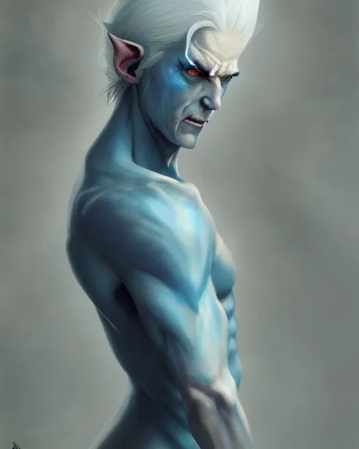 Prompt: character portrait of a slender half elf man with white hair, piercing blue eyes, and pale bluish skin, by greg rutkowski, mark brookes, jim burns, tom bagshaw, trending on artstation