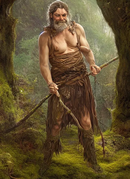 Prompt: a relaxed male middle aged druid in a sleeveless west, short brown hair, stringy, wielding a long staff which is covered in moss, full body, 8 k, hyperrealistic, hyperdetailed, fantasy portrait by laura sava