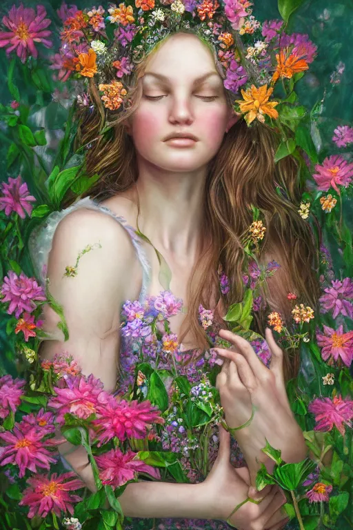 Prompt: a portrait of a fairy queen surrounded by flowers by Amy Brown, presented in artstation hyperrealism, award winning artwork, realistic hair, artstation trend, high quality print, fine art with subtle redshift rendering