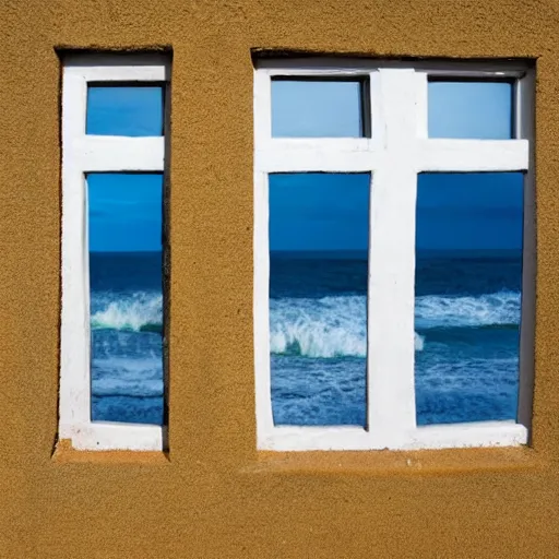 Prompt: a mullioned window through which you can see the sea where shark fins are visible