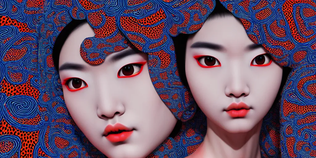 Image similar to hyperrealistic detailed image of a geisha laying in a art installation room, hd smooth interior by yayoi kusama, part by kei mieno, part by ross tran, dark art by james jean, ultra realistic, highly detailed, life like face, detailed body, 8 k, 3 d render by roger magrini, very cohesive, masterpiece