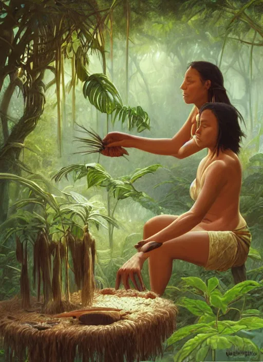 Image similar to a beautiful indigenous woman preparing plant medicines in the jungle, art by christophe vacher