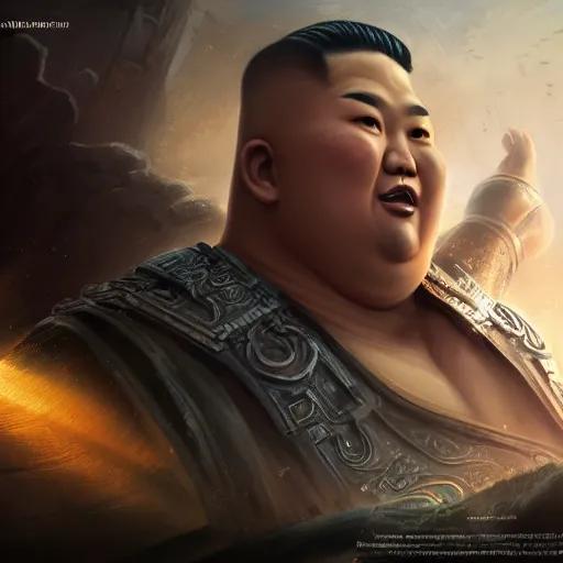 Image similar to portrait of kim - jong un as buddha, league of legends amazing splashscreen artwork, gears of war, splash art, natural light, elegant, photorealistic facial features, intricate, fantasy, detailed face, atmospheric lighting, anamorphic lens flare, cinematic lighting, league of legends splash art, hd wallpaper, ultra high details by greg rutkowski