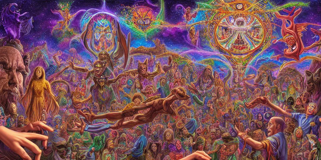 Image similar to hyper detailed portrait of a dmt spirit guide greeting a lost psychonaught, friendly dmt time elves, cathedral background, masterpiece composition, 8 k resolution, ultra fine illustration, tokio aoyama, alex grey, todd schorr, highly detailed,