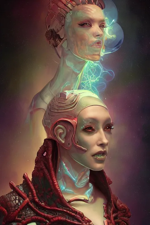 Image similar to digital portrait of an eloquent alien crocodile queen, straight on, full body character concept art, concept art, by artgerm, tom bagshaw, gerald brom, vaporwave colors, lo fi colors, vaporwave, lo fi, 4 k, hd, rendered with substance designer, small details,