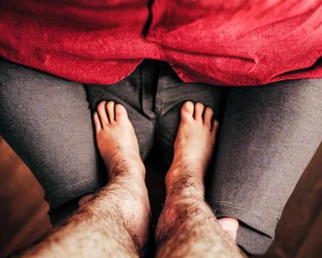 Image similar to mr robert smoke weed and meditate using his feet, he has dark grey hairs, detailed glad face, chest legs, visible belly, happy toes, golden hour closeup photo, red elegant shirt, eyes wide open, ymmm and that smell