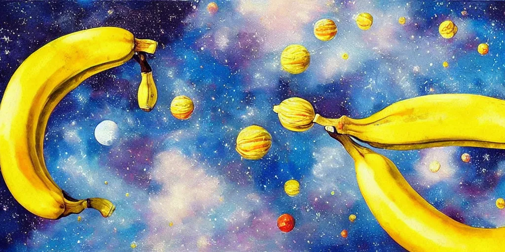 Image similar to banana hat in outer space, acrylic on canvas, breathtaking realistic, photorealistic in the style of realism