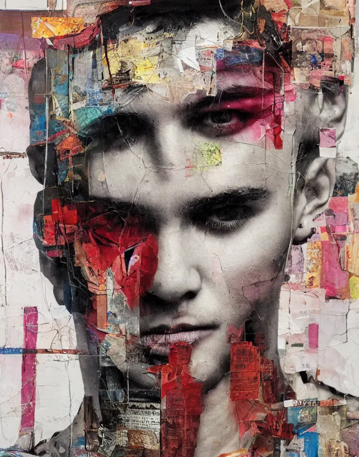 Prompt: young fight club fighter detailed analogue mixed media collage with canvas texture in style of contemporary art, punk art, hyperrealistic beautiful face, photorealism, expressionism, masterpiece, perfect composition, spectacular quality, intricate oil details