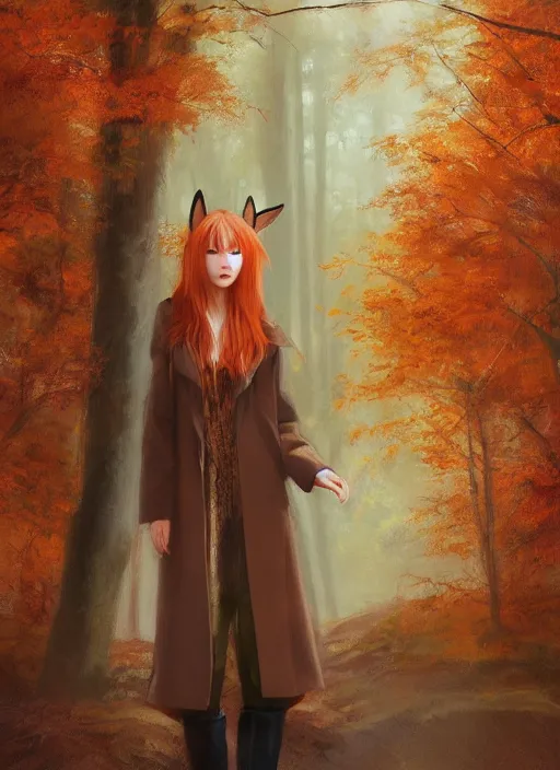 Image similar to portrait painting by tatsuki fujimoto, girl with fox ears, long wavy orange hair, light brown trenchcoat, forest background, focus on face, pretty, moody lighting, painterly