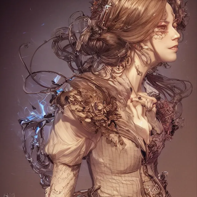 Image similar to the portrait of the lawful evil sorceress lawyer as an absurdly beautiful, graceful, elegant, sophisticated, anime woman, an ultrafine hyperdetailed illustration by kim jung gi, irakli nadar, intricate linework, bright colors, octopath traveler, final fantasy, unreal engine 5 highly rendered, global illumination, radiant light, detailed and intricate environment