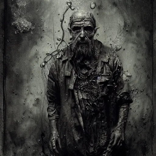 Image similar to wet collodion photography of innsmouth dweller mutant early xx century fisherman sailor old man with gills and scales creatures from the deep ocean by emil melmoth zdzislaw beksinki craig mullins yoji shinkawa realistic render ominous detailed photo atmospheric by jeremy mann francis bacon and agnes cecile ink drips paint smears digital glitches glitchart