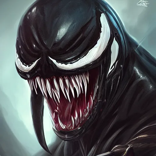 Image similar to a portrait of venom, D&D, sci-fi, elegant, sinister, muscular, highly detailed, digital painting, artstation, concept art, smooth, sharp focus, illustration