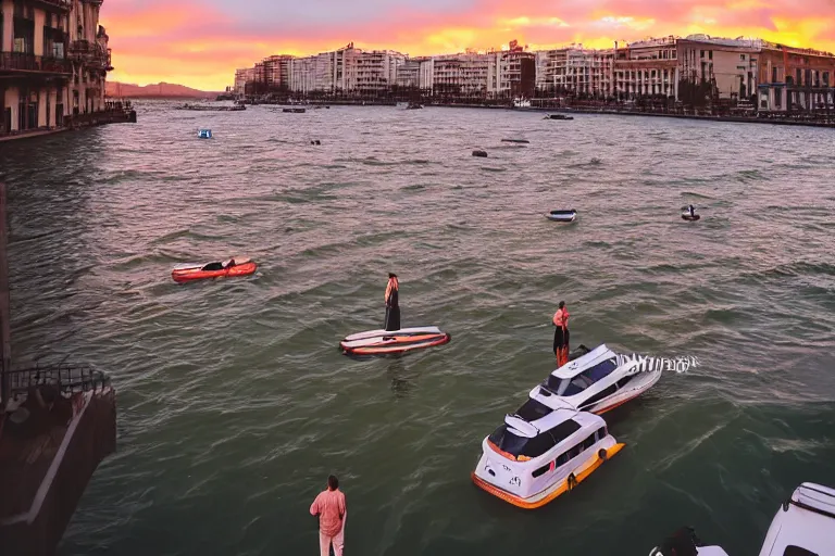 Image similar to views of people on boats on a catastrophic barcelona, buildings covered with high water, floating cars, sunset lighting, photo real