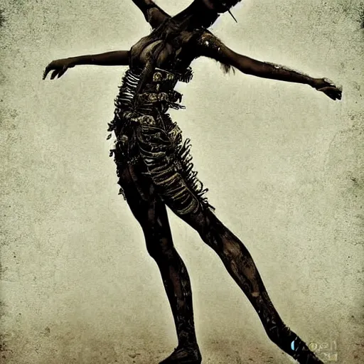 Prompt: burning man ballerina, digital art, post apocalyptic, fantasy, by h. r. giger