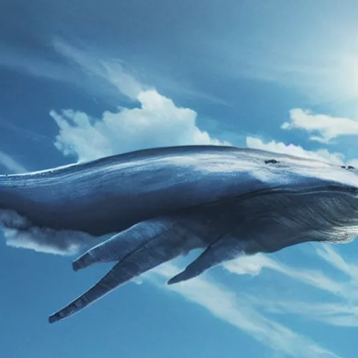 Prompt: Blue Whale flying through sky with a city built on it's back, clouds beneath it