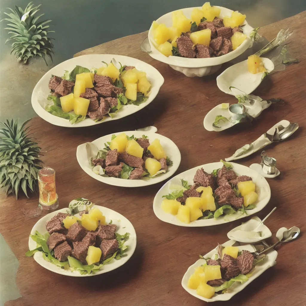 Prompt: a dreamy photo of beef salad and pineapple jelly, 1982