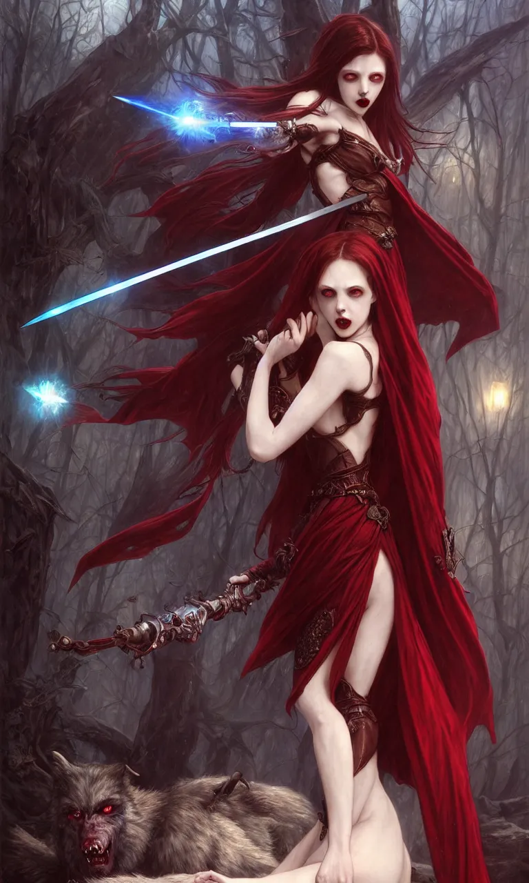 Image similar to full figure, female vampire, pale skin, red cloath, holding a sword wrapped in blue sparkling magic, walking towards the camera, camera pulled back far, detailed illustration, intricate details, surrounded by werewolves, 8 k post processing, scary atmospheric lighting, photoshop, hyper realistic art by artgerm and greg rutkowski and alphonse mucha and lee bermejo