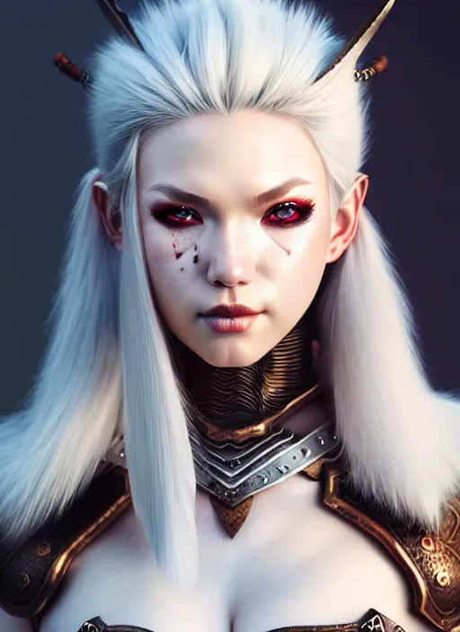 Image similar to barbarian, fur leather armor!!! beautiful and elegant white hair female!! gorgeous ayes!! character concept art, sharp focus, octane render! unreal engine 5! highly rendered!! trending on artstation!! detailed linework!! illustration by artgerm, wlop, and chie yoshii