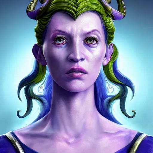 Prompt: A professional digital portrait painting of a female tiefling trickery domain cleric with blue skin dressed in light armor, 4k, digital art, trending on cgsociety, renaissance painting, highly detailed, head and shoulders shot, shallow depth of field, purple and yellow lighting, professional lighting, The Grand Budapest Hotel, airbrush, Hayao Miyazaki