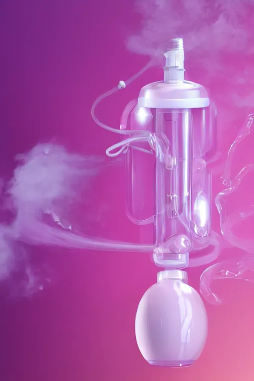 Image similar to Pink Vapor Inhalation Machine Connected to a Spherical Bottle of Pink Liquid Diapers by a Tube, Pink Vapor Leaking from an Oxygen Mask, fantasy, magic, ultra detailed, digital art, trending on artstation, illustration, medical laboratory