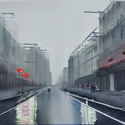 Image similar to A watercolor of an empty Wukang Road in Shanghai, a rainy street with cloudy overcast sky, poignant, high contrast of light and dark, smooth, by Joseph Zbikowicz, 8k