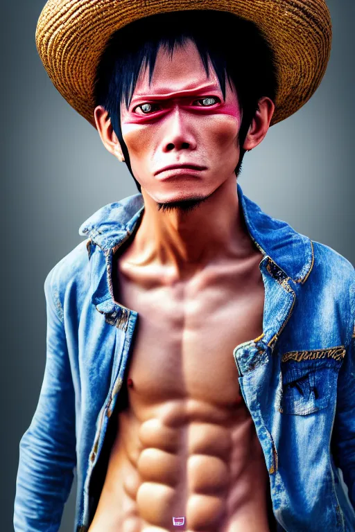 Image similar to pictufe of real life monkey d luffy, hyperdetailed, hyperrealism, vogue photo style, proportional, dynamic composition, face features, comfort posse, smooth, sharp focus, body features, ultra realistic, award winning photo, nikon d 8 5 0, 4 5. 7 mplens, 4 k, full body