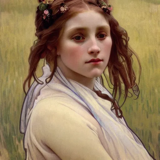 Image similar to a beautiful painting of a young girl in the scottish highlands, underexposed and overcast, by alphonse mucha, john sargent, and octane.