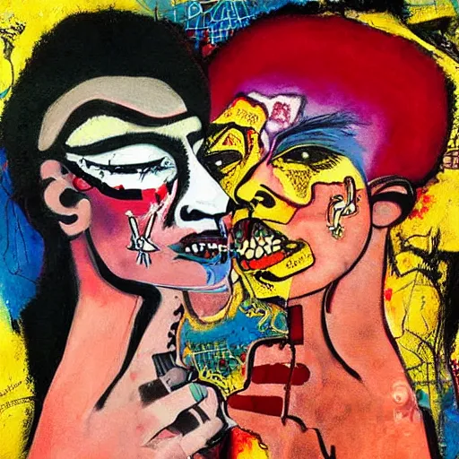 Image similar to beautiful painting of two bizarre psychedelic goth women kissing each other closeup in a cafe in japan, speculative evolution, mixed media collage by basquiat and jackson pollock, magazine collage art, sapphic art, lesbian art