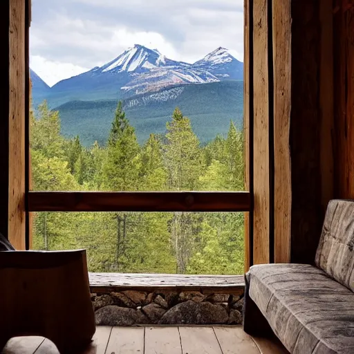 Prompt: an outside look on a log and stone cabin with a view of 2 mountains and a valley in-between, cinematic, composition