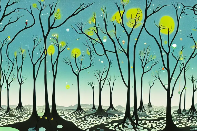 Prompt: A surreal winter forest landscape with barren trees by Chiho Aoshima and Salvador Dali